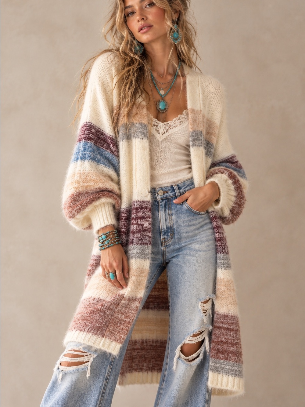 Oliver.O | Striped Cream Open-Front Long Cardigan Sweater